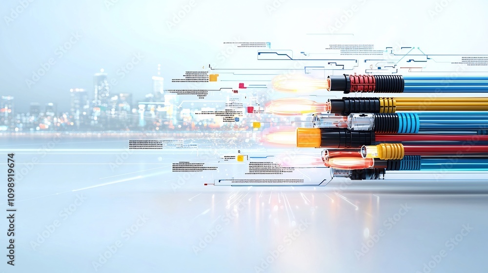 Poster stunning of fiber optic cables emitting colorful light beams with detailed optical reflections and r