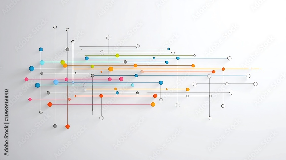 Poster Sleek and modern of a glowing fiber optic network with colorful light beams connecting nodes in a minimalist white background representing the concept of digital connectivity communication