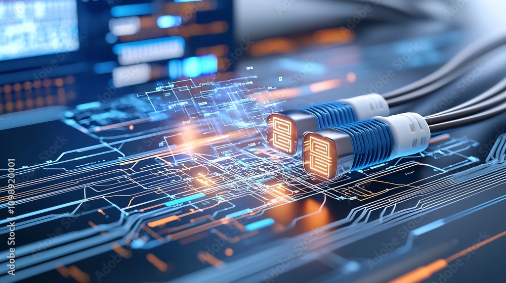 Poster Futuristic high tech showcasing an interconnected fiber optic network system with radiant light effects and dynamic grid structures against a clean white background