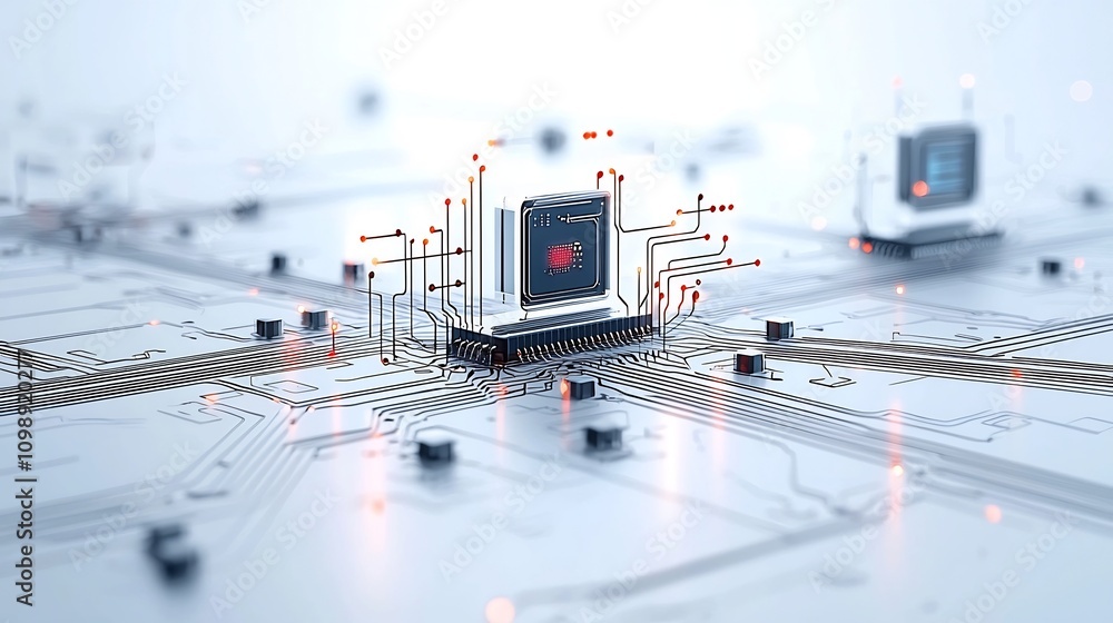 Poster Creative showcasing a fiber optic system with dynamic light beams flowing through an intricate network of digital components on a white background conveying a futuristic