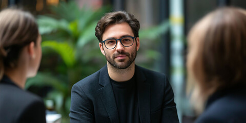 Obraz premium Young entrepreneur talking to his coworkers wearing black clothes, blurred background