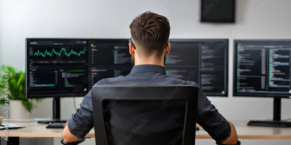 Poster a person focusing on multiple computer screens, analyzing data and trends in a modern office environ