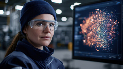 A focused woman in safety gear analyzes data on a computer screen, showcasing technology and innovation in a modern industrial setting.