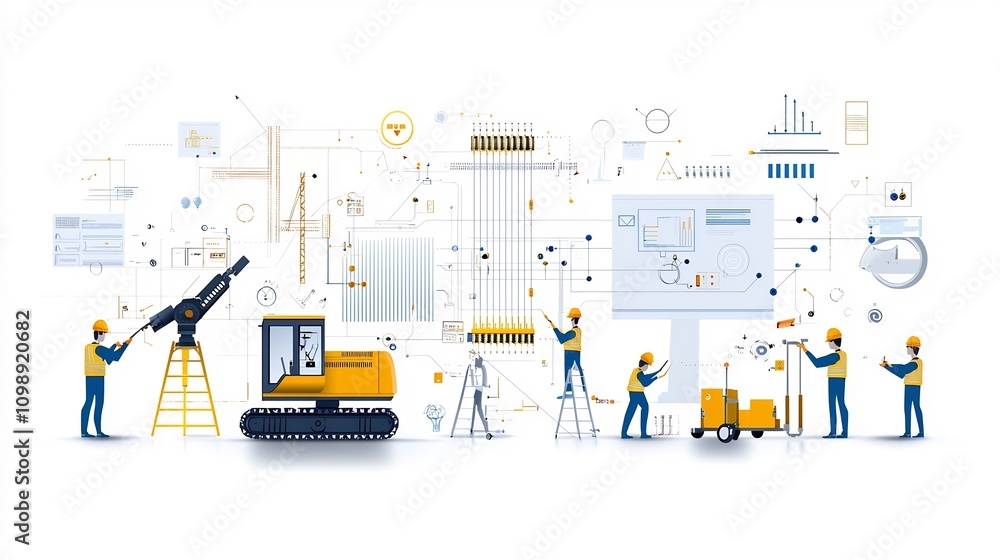 Poster high tech design showing workers installing fiber optic cables with glowing light effects and futuri