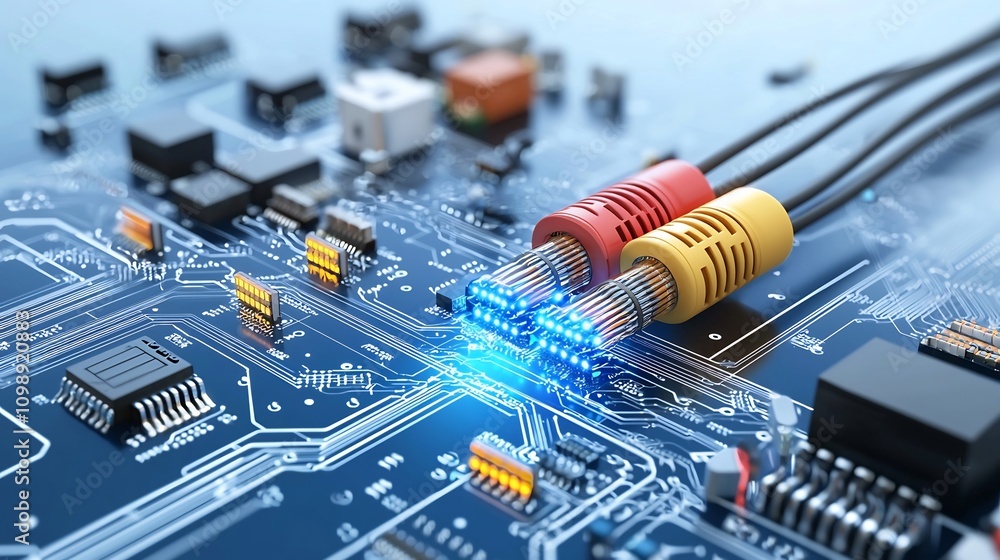 Leinwandbilder High tech of a powerful fiber optic telecommunication system with luminous cables and flowing data visualization on a clean white background representing digital technology
