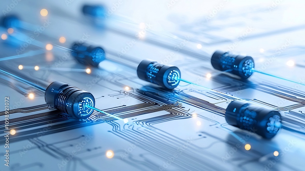 Poster Futuristic artwork showcasing an interconnected fiber optic network with dynamic lighting effects and communication nodes against a white background representing the flow of data energy