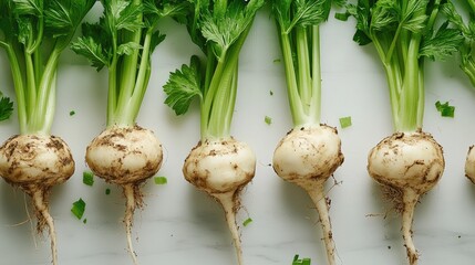 Fresh celery roots laid out in a row, showcasing their earthy skin and vibrant green tops against a clean white background.