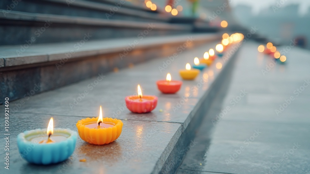 Poster glowing rows of vibrant colorful diyas illuminating the steps of a hindu temple creating a warm and 