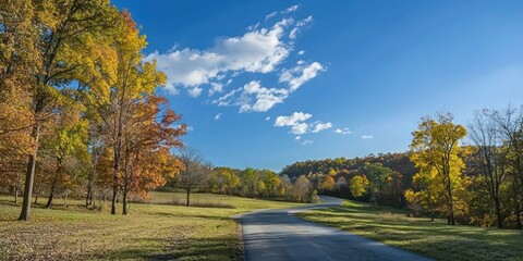 Obraz premium A winding road in a rural area, flanked by trees in vibrant fall colors under a bright blue sky.