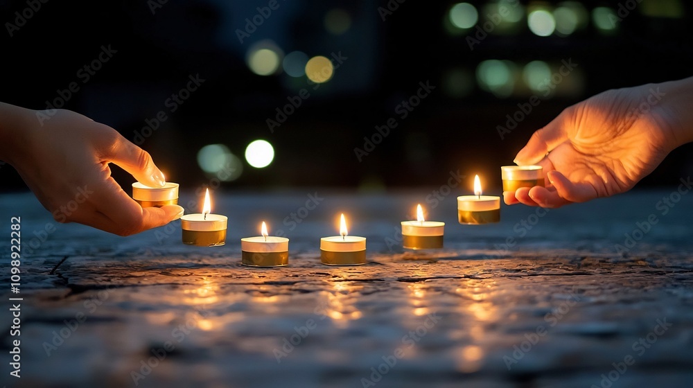 Poster glowing candles carefully arranged in a captivating pattern casting a warm serene glow in the night 