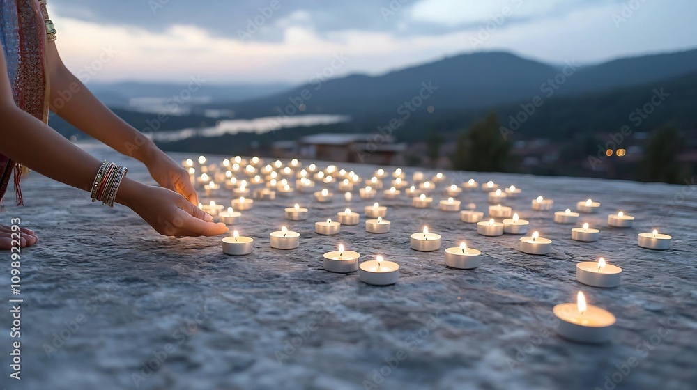 Poster hands gently arranging candles in a soothing geometric pattern that glows softly in the tranquil nig