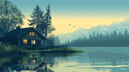 Fototapeta premium An illustration of a cabin by a lake in a mountain valley at sunrise.