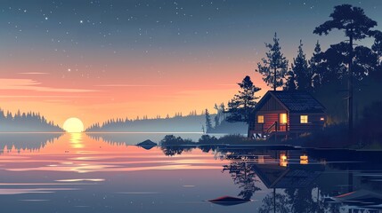 A lone cabin with lit windows sits by a lake in a forest at dusk.  The lake is still and reflects the colors of the sunset sky.