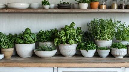 Fototapeta premium Lush Assortment of Fresh Herbs and Vegetables in Rustic Pots on Wooden Kitchen Shelves for Healthy Culinary Inspiration