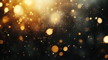 Fototapeta premium Golden bokeh light flares sparkle against a textured black background, creating a festive ambiance perfect for holiday cards and celebration banners.