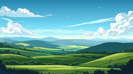Obraz premium A cartoon illustration of a mountain range with a valley and forest.