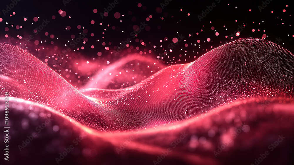 Poster abstract musical sound wave with dots and lines weaving together in a dynamic background