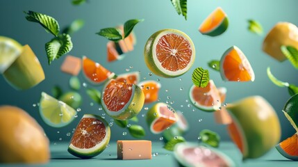 Naklejka premium Floating citrus slices and mint leaves on teal background