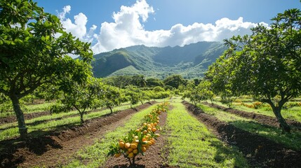 Lush mango orchard depicting vibrant fruit trees and verdant grass under a radiant summer sky with distant mountains in the background.