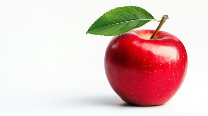 realistic advertising photograph of an apple with a leaf on the top, vibrant red color, and detailed texture, isolated against a white background, high-resolution photography,