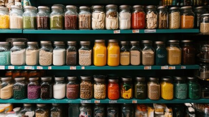 Colorful Variety of Jars with Ingredients on a Wooden Shelf Display