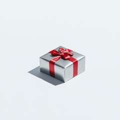Obraz premium Silver gift box with red ribbon bow.