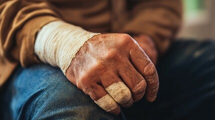 Injured worker's hand with bandages resting on a lap, showcasing prominent binding and distressed skin, reflecting the aftermath of a grinding machine accident.