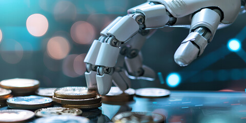 Obraz premium Robotic Hand with Coins, AI Technology in Financial Transactions and Automation