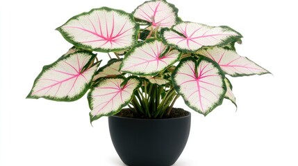 Exotic Caladium plant with vibrant white leaves showcasing bold pink veins, beautifully arranged in a sleek black pot, highlighting its striking features.