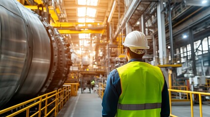 Fototapeta premium Worker inspecting industrial machinery in a modern factory. Industrial audit and safety checks in progress. High-tech manufacturing.