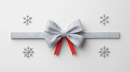 Sparkling Silver Christmas Bow Watercolor with Snowflake Accent  Elegant holiday wrap ornament or seasonal design element