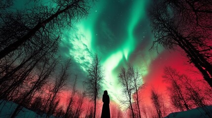 Fototapeta premium aurora borealis northern lights sky with trees wallpaper