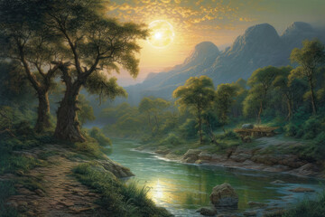 Fototapeta premium picturesque landscape made in the style of romanticism. In the center of the scene is a river flowing among green hills and trees. 