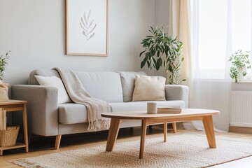 Fototapeta premium Cozy modern living room with natural light and minimalist decor featuring a comfortable sofa and plants
