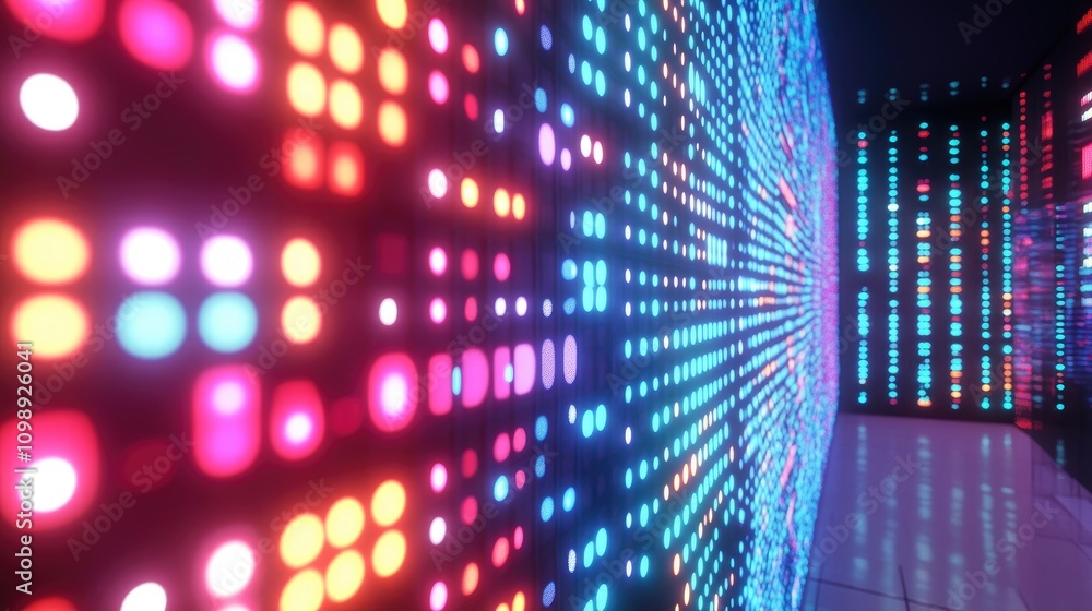 Poster abstract digital backdrop featuring illuminated led lights indicating server activity, with vibrant 