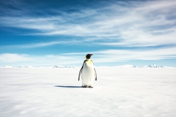 emperor penguin in artic with blue sky, iceberg and ice, antarctica
