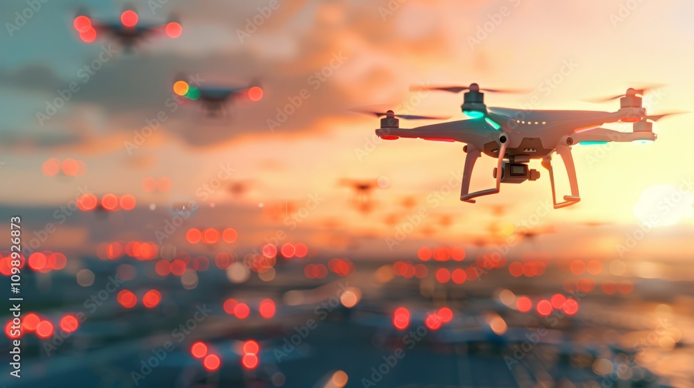 Poster swarm of robotic security drones in flight