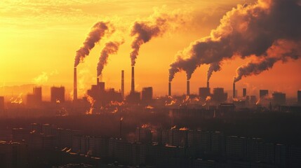 Obraz premium Industrial skyline emitting smoke against a vibrant sunset, illustrating the impact of greenhouse gases on climate change and planetary warming.