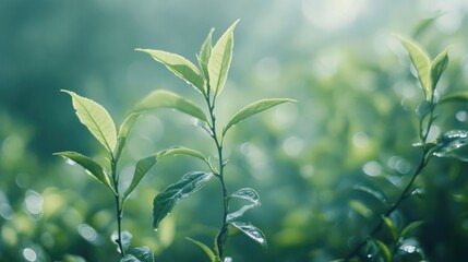 Fototapeta premium Fresh green tea leaves glistening with dew in a tranquil spring landscape at a tea farm, embodying the essence of seasonal traditions and tea culture.