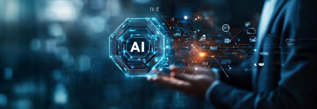 Businessman Engaging with Artificial Intelligence Technology in a Futuristic Environment