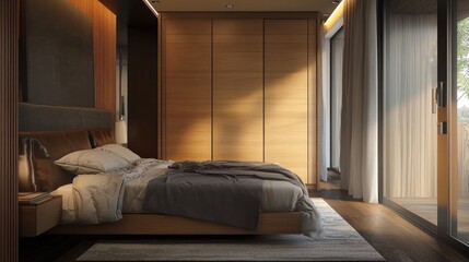 Fototapeta premium Contemporary bedroom showcasing a minimalist wooden wardrobe, plush bed, and soft lighting enhancing the serene atmosphere.