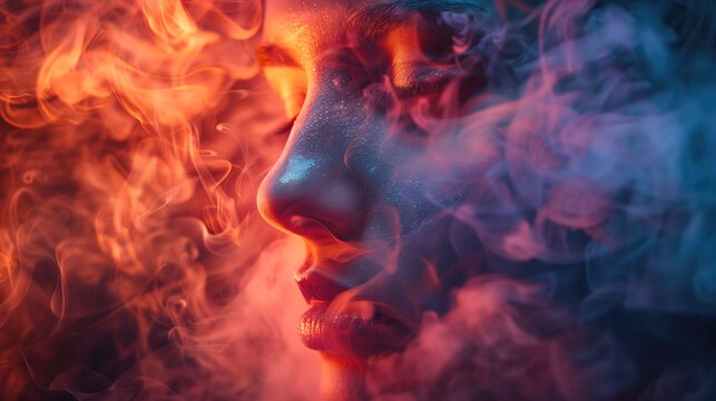Woman face in multi-colored smoke. Girl among clouds of smoke from vape or cigarettes. Portrait of woman with closed eyes