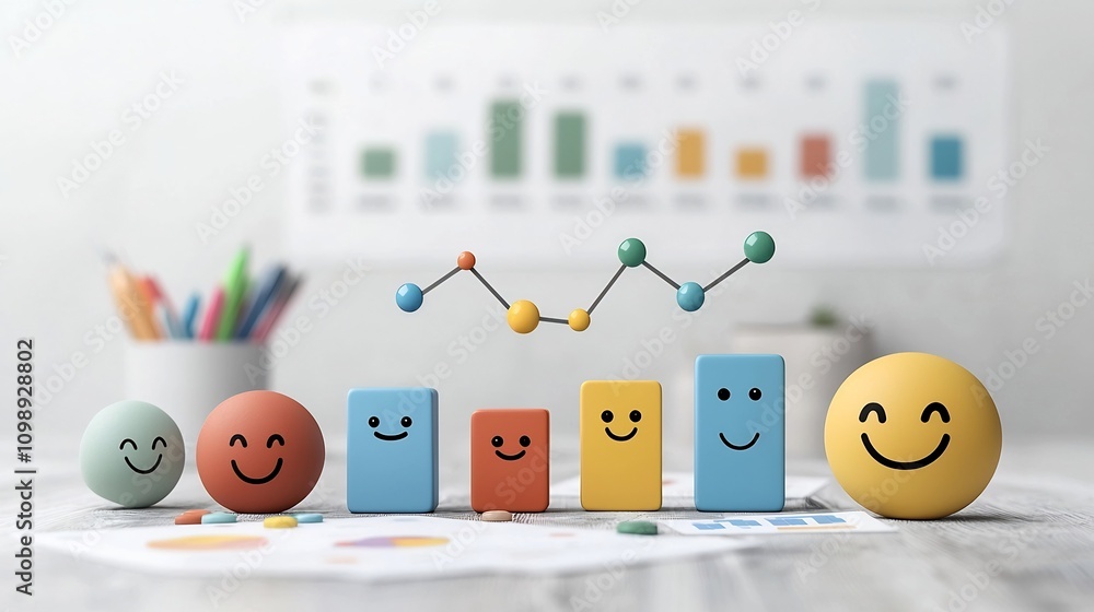 Poster Captivating 3D depicting consumer sentiment analysis featuring emotive human faces and vibrant innovative data visualizations such as charts graphs and infographics