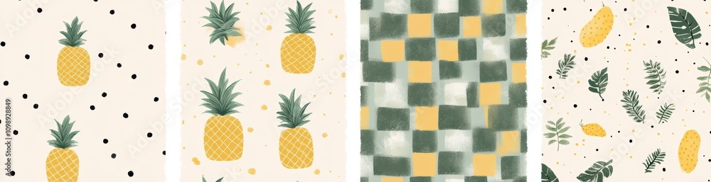 Poster pineapple and leaf patterns on cream background for fabric and textile design