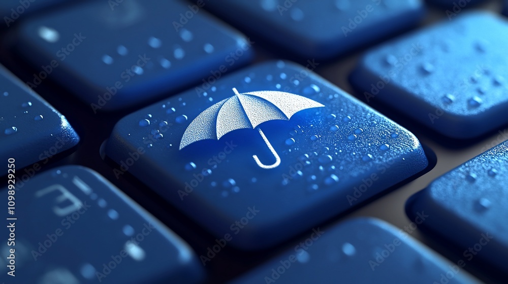 Poster cyber security concept umbrella icon on a rain-covered keyboard key.