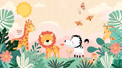 Obraz premium A cartoon illustration of a jungle scene with a lion, a zebra, two giraffes and a tiger cub, with a bright sun, clouds, butterflies, and green leaves.