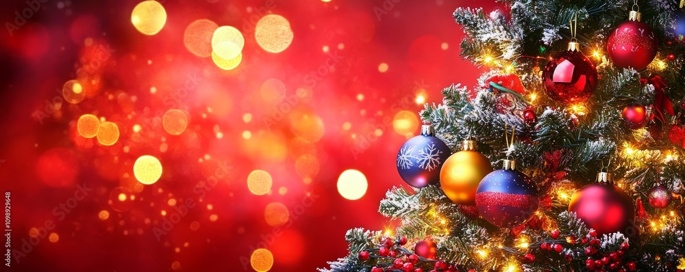 Poster festive christmas tree with colorful ornaments and twinkling lights in bokeh red background