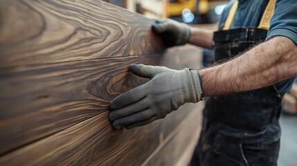 Obraz premium Skilled Carpenter Aligning Wooden Planks in Workshop for Construction and Craftsmanship Projects