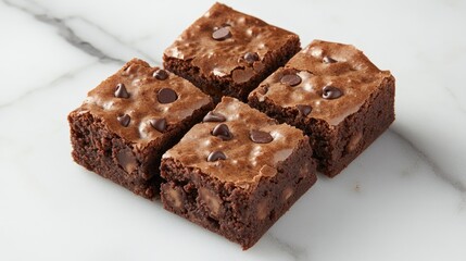 Delicious homemade chocolate chip brownies arranged on a smooth marble surface, highlighting a tempting dessert treat.