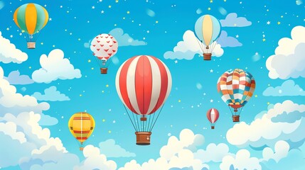 A cartoon illustration of a bunch of colorful hot air balloons floating in a blue sky with white clouds and stars.